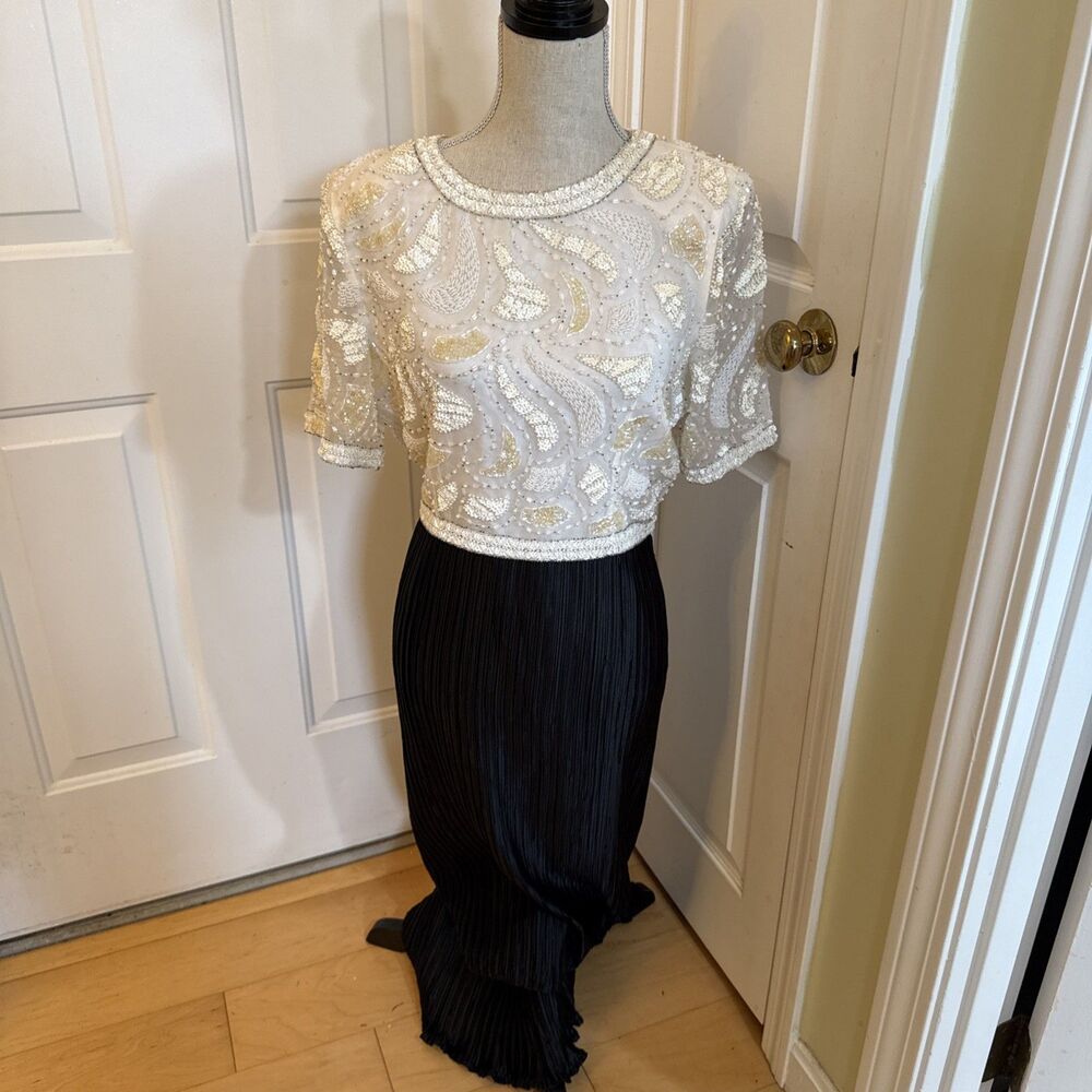 VINTAGE SILK & SEQUINS neiman marcus dress size 10 black white beaded womans